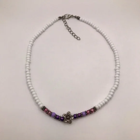 Vintage Handmade Girls Beaded Flower Choker Necklace - Picture 2 of 3